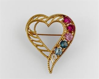 Fine 14K Yellow Gold Multi Colored Gemstone Heart Brooch
