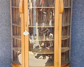 Antique Oak Glass Front Display Cabinet Curved Glass
