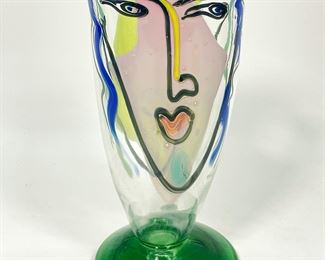 2019 Katherine & William Bernstein Art Glass MODERN PAINTED FACEs FOOTED GOBLET
