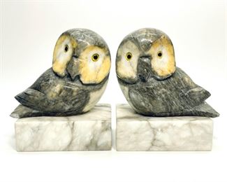 VINTAGE SWEDISH SIGNED ALABASTER OWL BOOKENDS
