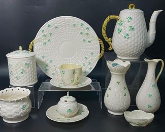 Fine Belleek Pottery China Embossed Daisy's Shamrock Collection Pitchers, teacup saucer, lidded jar, plate teapot collection
