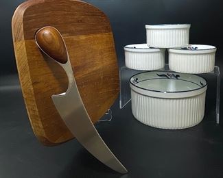 MCM DANSK CHEESE BOARD AND KNIFE WITH BISTRO PORCELAIN MCM BOWLS WITH LARGER BOWL
