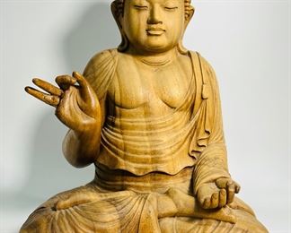 17" H Vintage Hancarved Natural Wooden Decorative Buddha Statue
