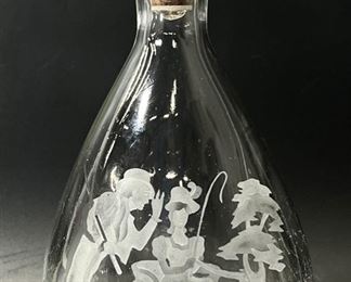 Vintage IW Harper Decanter Etched Gentleman Tipping His Hat to Lady In Carriage
