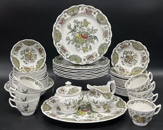 Fine Ridgeway Windsor Staffordshire English China Transferware Bone China Plates, Bowls, Tea Cups, Saucers, Creamer, Lidded Sugar Jar, and Serving Platter with

