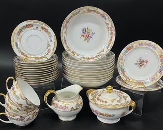Fine Royal Bayreuth Bavaria China Floral Pattern Gold Trim Bowls, Desert Plates, Saucers, Tea Cups, Creamer, and Lidded Sugar Jar
