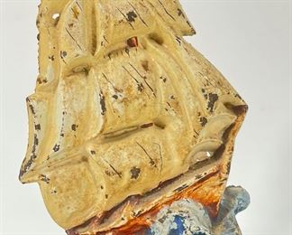 Antique Cast Iron Clipper Ship Doorstop With Original Paint
