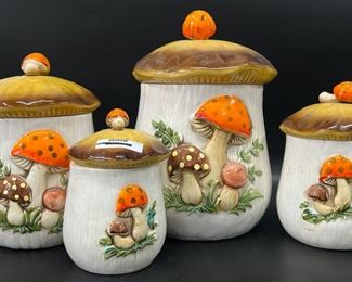 Vintage Mid Century Modern MCM Boho Hippy ceramic Merry Mushroom Lidded Canisters Made in Japan
