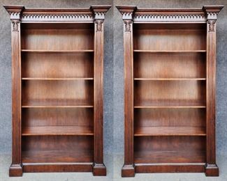 Fantastic Pair 20th Century Solid Wood Tall Bookcase Fluted column ionic Caps Carved Sides
