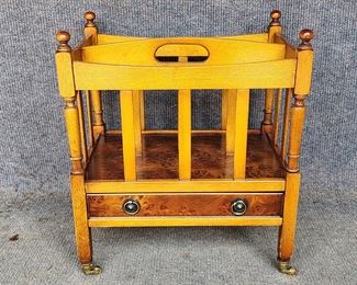 20th Century Burlwood Magazine Rack on Brass Casters
