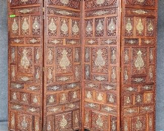 Vintage Fancy Indian Teakwood Inlaid 4 Panel Room Divider Screen
