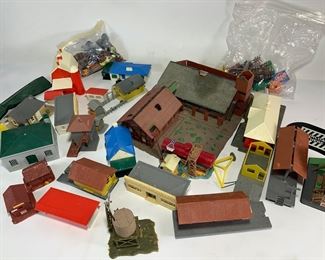 Model Train Set Buildings - Barns, Stores, Houses, Oil Tanks, Boulders, Telephone Poles, Cars and More - All In Good Condition Some Pieces Unglued
