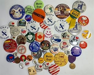 Collection of College, Political, Comedic and More Buttons and Pins - Yale, Canada, Redskins Fan, Vermont, Taft, Snoopy, Navy and More
