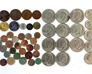 English Queen Victoria 1876 Penny, Other Assorted Foreign Coins, Clad Eisenhower Dollars, Susan B. Anthony Dollars, and Kennedy Half Dollars, and American Fountain Money
