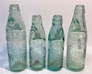 4 Antique English Glass Marble Top Soda Pop Bottles / Codd Bottles - Matthew Pomfret Limited Albion Works Bury, D Clifton Stockport, Slack and Limited Eau De Seltz Manchester, and Snowdrop Manchester
