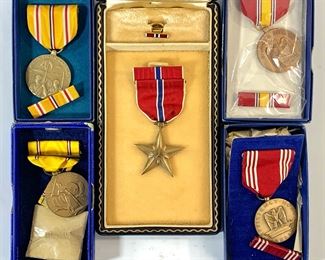 Vintage US WWII Service Medals Including Bronze Star, American Defense, Asiatic Pacific Campaign, National Defense, and Good Conduct
