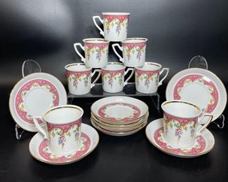 FINE GERMAN PORCELAIN China WINTERLIUG PINK FLORAL 8 PAIRS OF TEA CUPS WITH SAUCERS
