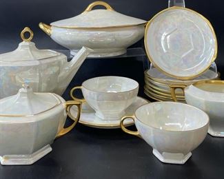 Fine M Z CMR Signed Helen Cramer CZECHOSLOVAKIA IRIDESCENCE PORCELAIN CHINA TUREEN POTS SAUCERS CUPS AND CREAMER
