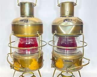 Huge 27" High Asian BRASS Ship LANTERNS with stands and handles view brass plate
