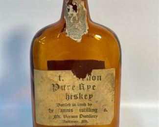Antique Prohibition Era Mt Vernon Pure Rye Whiskey Bottle For Medicinal Purposes Only - Bottled in Baltimore, Maryland
