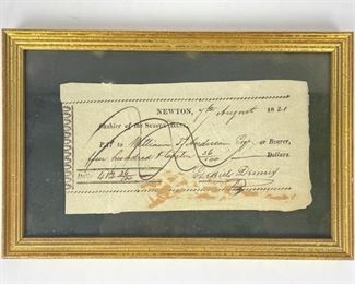 Framed 1821 Sussex Bank Check
