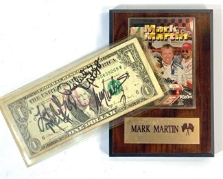 Mark Martin & Robert Yates  NASCAR Autographed Dollar Bill with Mark Martin Trading Card Mounted on Plaque
