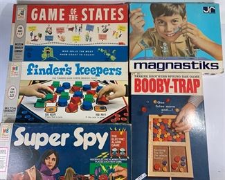 5 Vintage Boardgames - Booby Trap, Super Spy, Finders Keepers, Game of States, and Magnastiks
