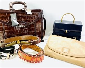 M.C. Marc Chantal Leather Briefcase Red Crocodile Embossed Silver Hardware, DeMure Genuine Leather Clutch Made in Korea And Caprice Accordion Blue Handbag And Three Belts
