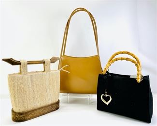 Vani Yellow Patent Leather Shoulder Bag, Sunny Hawaii Bamboo Handle Purse And Vintage Woven and Wood Summer Handbag Beige
