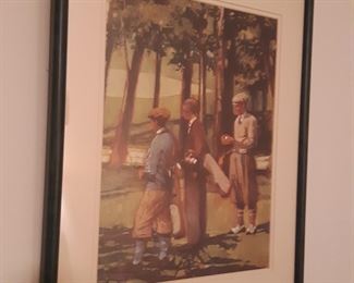 Classy golf art from a time when guys were modest enough to cover their knees.  All the ladies yell from the sidelines, "SHOW US YOUR KNEES!!!'.
