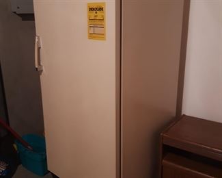 upright freezer, basement storage area behind bar area