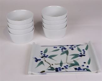 Lot 2108 Mixed Lot  8 Crate  Barrel Ceral Bowls and Handpainted Blueberry Serving Platter