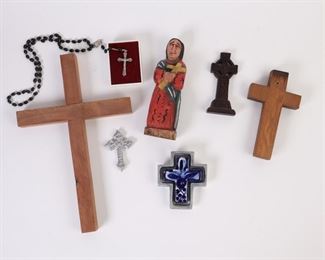 Lot 2107 Lot of Religious Items  Wooden Crosses  Carved Handpainted Figure  Rosary Etc