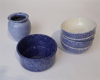 Lot 2135 Blue Spongeware Bowls  Cole Pottery Vase