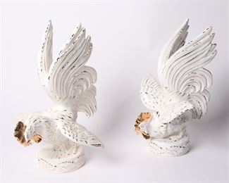 Lot 2137 Pair Italian White and Gold Gamecocks Roosters Figurines
