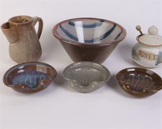 Lot 2154 Pottery Lot  Pitcher Bowl Honey Jar Trinket Dishes