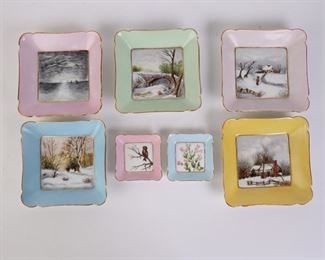 Lot 2166 Lot 7 Square Trinket Dishes with Handpainted Scenes
