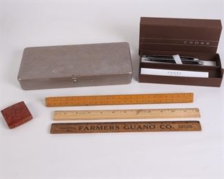 Lot 2405 Mixed Lot  Vintage Rulers  Valuable Papers Metal Box  Cross PenPencil  Measuring Tape