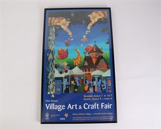 Lot 2450 Asheville Cat Poster Village Art  Craft Fair 2004 Framed Wall Art