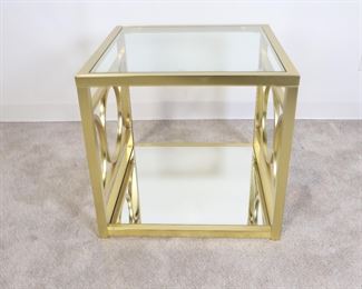 Lot 2469 Gold Colored Metal Side Table  Glass Top Mirrored Bottom Shelf