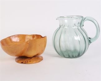Lot 2849 Lot Footed Wood Bowl  Green Glass Pitcher