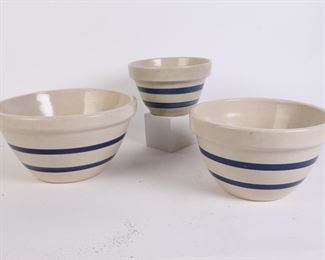 Lot 2858 Robinson Ransbottom  Roseville OH  Set 3 Blue Striped Mixing Bowls