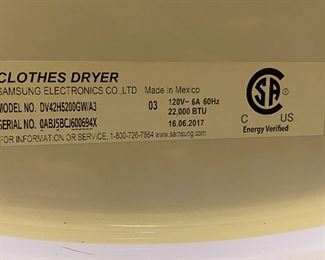 Samsung front load gas dryer model number DV42H5200GW/A3