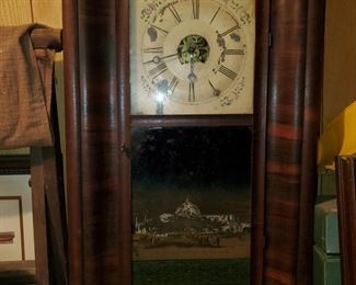 regulator clock, walnut banded frame, reverse painted door