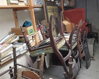 several sets of solid dining chairs could use a cleaning