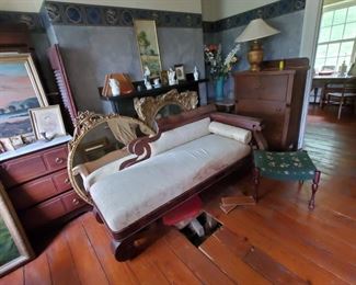 Mahogany Revival fainting couch, 1880's, walnut chest of drawers, oak chest of drawers, lamps, OLD roseville vase, Paintings, etc.
