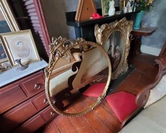 mirrors, framed art, gold gilt on metal and wood