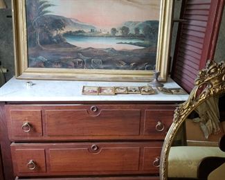 19th century paintings, landscapes, portraits, metal gilt round mirror