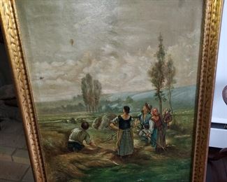 Pastoral  peasants in a field watching a hot air balloon ( the Martians are coming...classic 19th century painting