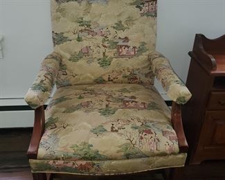 silk upholstered Asian style print, solid frame arm chair